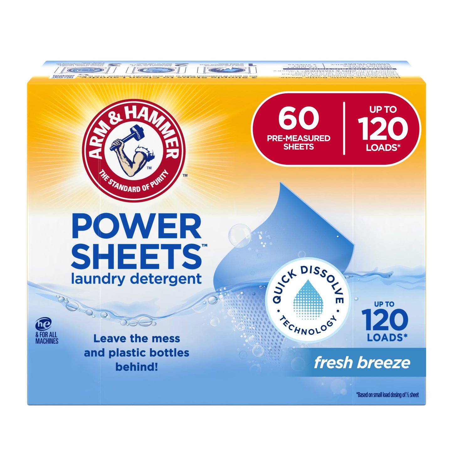 Arm and Hammer Power Sheets Laundry Detergent box, Fresh Breeze scent